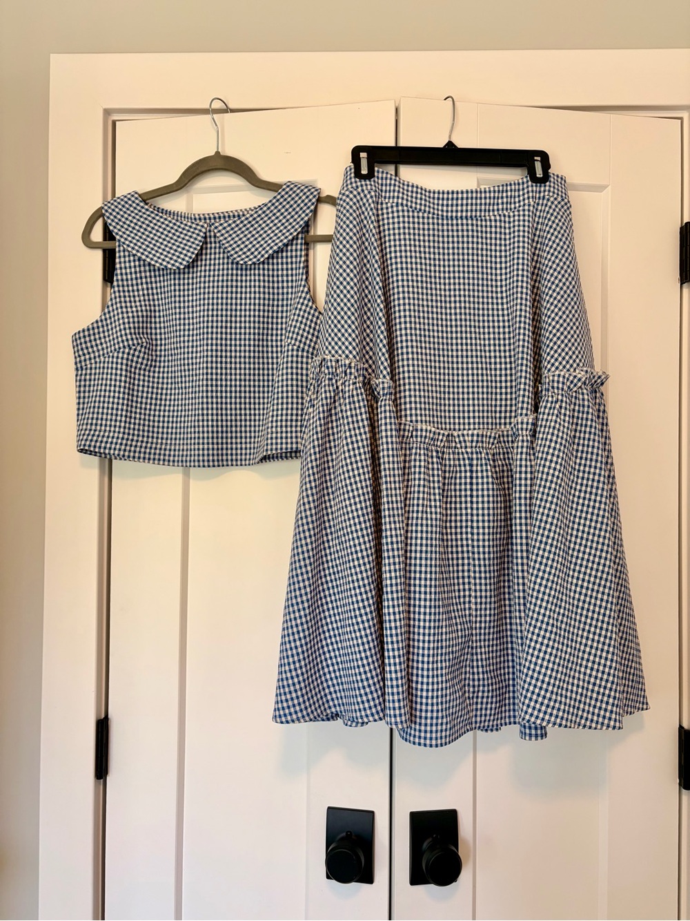 Blue Gingham Tiered Skirt Set with Peter Pan Collar